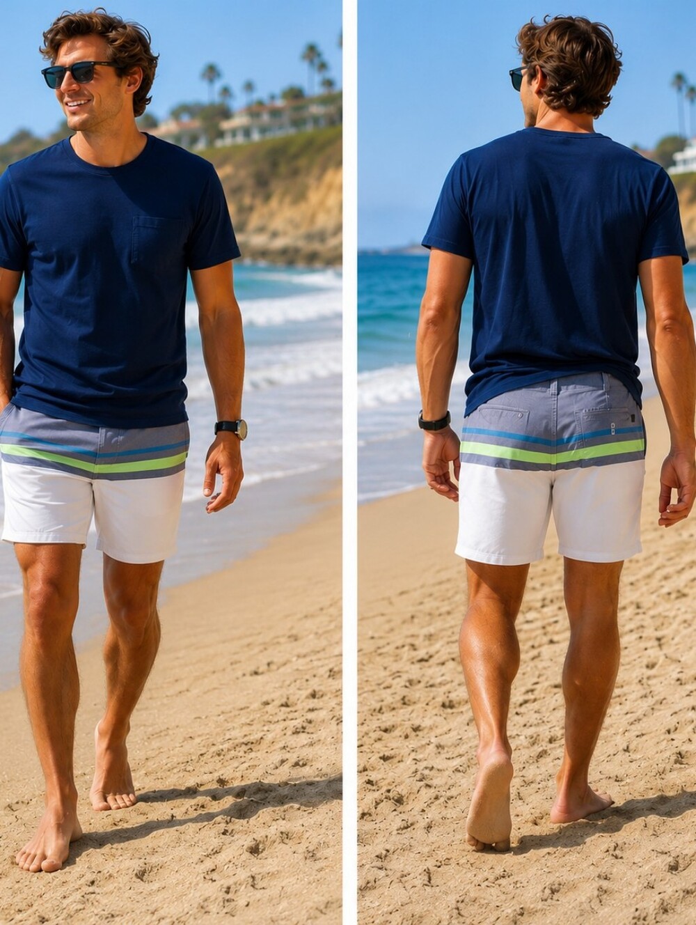 Tony Hawk Striped Casual Men's Shorts in White , Grey, Lime & Blue Size 36